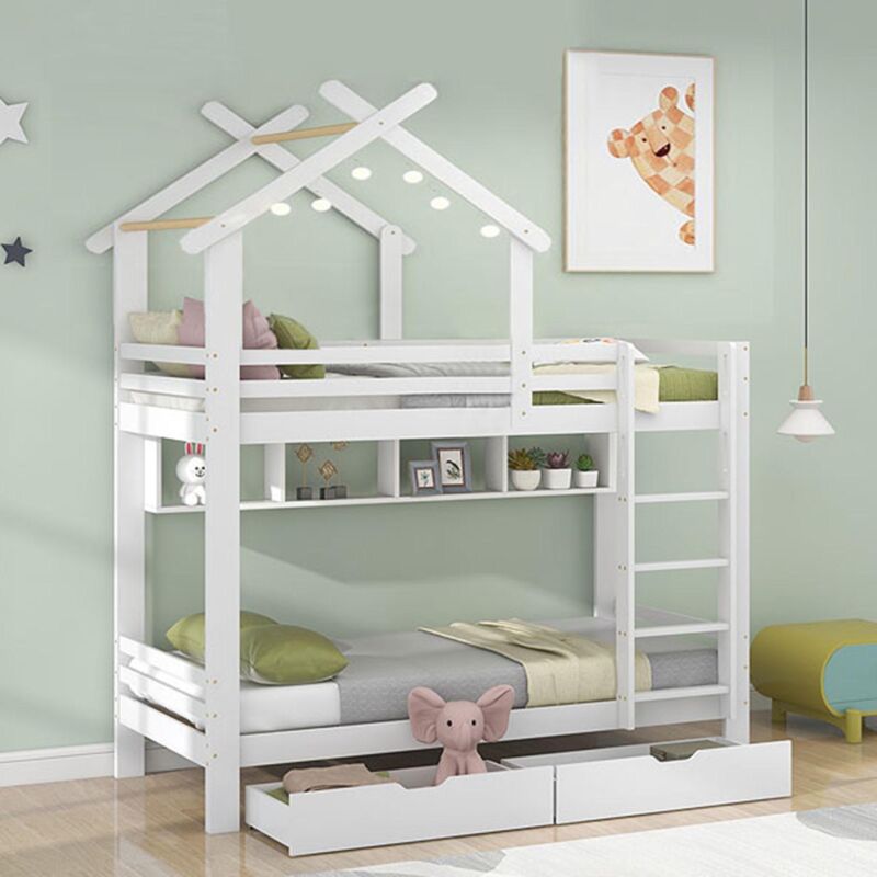 Lit Superposé Enfant, protection antichute, 2 tiroirs + 4 niches de rangement, 2 x 90 x 200 cm, Blanc