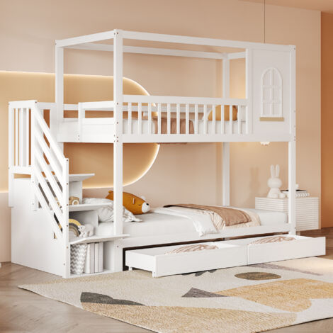 Lit superposé enfant rangement blanc 90x200 OKMYHOME