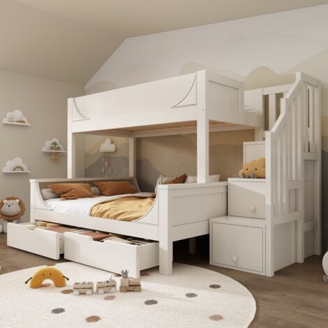 Lit superposé enfant traîneau avec armoire et tiroirs - Supérieur 90x200, inférieur 140x200 - Bois avec barrière de sécurité, lit double, blanc (sans Matelas)