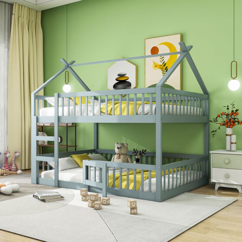 Okwish - Lit superposé 140x200 cm lit enfant cabane 2 places lit simple bas avec escalier, en bois massif, vert clair