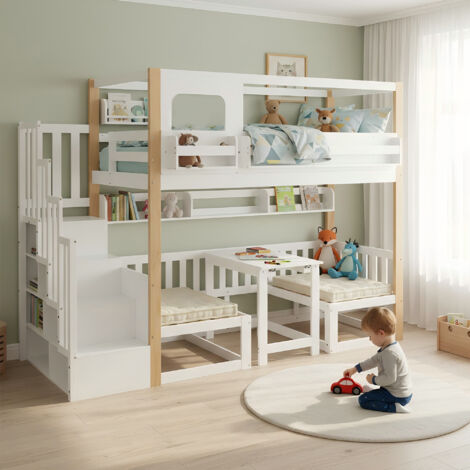 Lit superposé enfants 90x200cm pin MDF contreplaqué blanc naturel,table réglable bibliothèque et escalier rangement.