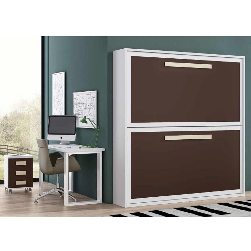 Lit superposé escamotable 90x190 cm Melina - Matelas 2 matelas 90x190cm - Façade Vison - Structure Blanche