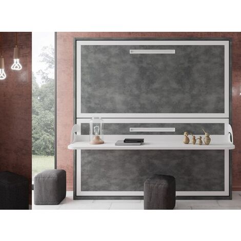 Lit superposé escamotable avec bureau Melina 90x190-Coffrage Chêne 3D-Façade Blanche
