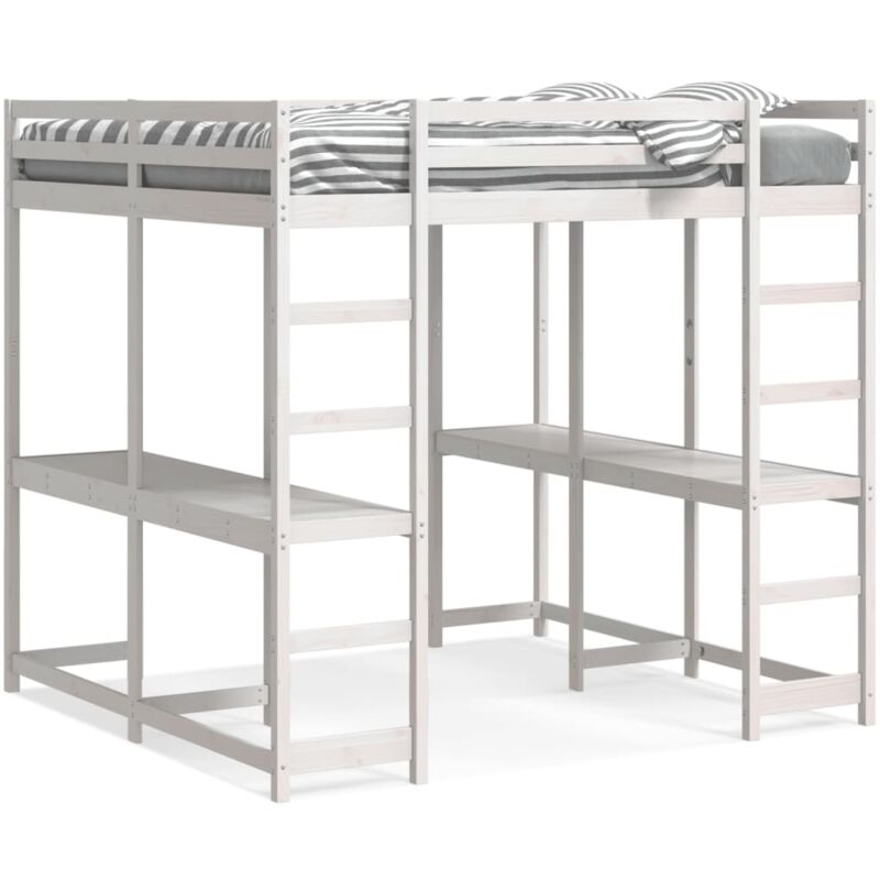 Lit superposé et bureau et échelle 200x200cm bois de pin massif