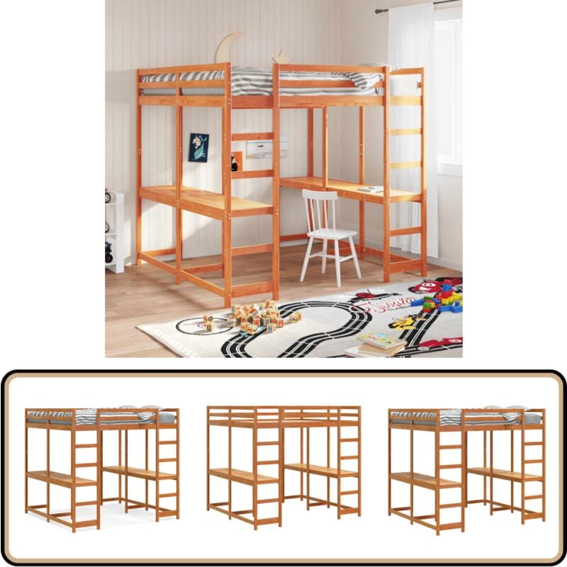 Lit superposé et bureau et échelle 180x200cm bois de pin massif - Lit Mezzanine - Lit Superposé - Meuble Multifonction - Chambre Petite - Rangement