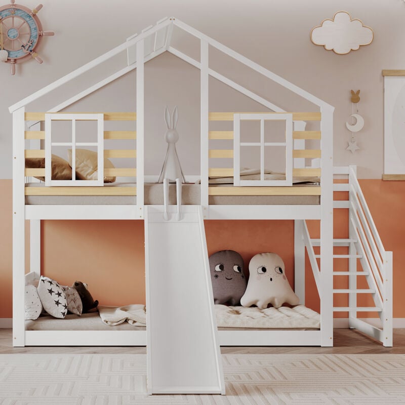 Lit superposé et mezzanine enfant 90 x 200 cm en forme de cabane avec toboggan et protection antichute, bois et MDF, 1 sommier inclus, blanc