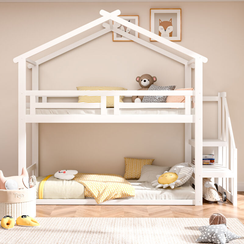 Lit superposé et mezzanine enfant 90 x 200 cm en pin et MDF, 1 sommier inclus, blanc, avec toit