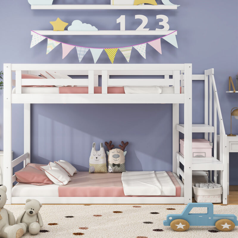 Lit superposé et mezzanine enfant 90 x 200 cm en pin et MDF, 1 sommier inclus, blanc