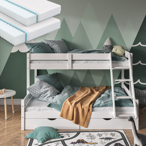 Lit superposé Everest, Blanc, 140x200 / 90x200 cm avec 2 matelas et 2 tiroirs, Vitalispa
