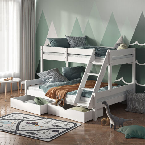 Vitalispa – Lit superposé Everest 140x200 / 90x200 cm – Bois de pin naturel – Avec tiroirs de rangement – Escalier sécurisé