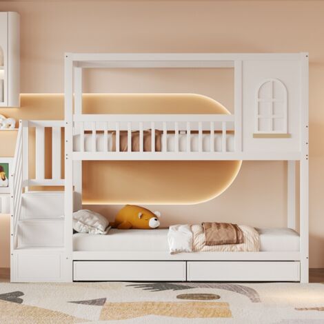 Lit Superposé-Forme Maison-Bois Massif-Blanc-Barrière Sécurité-Tiroirs-Échelle-252x96x192(cm)Sans Matelas