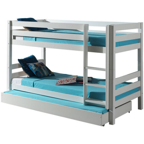 Lit superposé gigogne 90x200 avec tiroir pin massif blanc Pino H 140cm