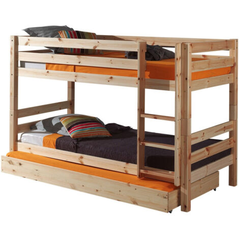 Lit superposé gigogne 90x200 avec tiroir pin massif clair Pino H 140cm