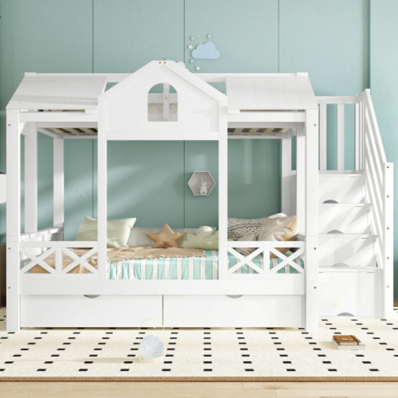 Lit superposé - lit 90x200 cm - 2 tiroirs à roulettes, placard d'escalier avec 4 cases de rangement - en bois blanc - sans matelas