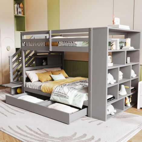 Lit superposé - lit 90x200 cm - avec tiroirs et grands placards - structure avec sommier à lattes - en bois - gris - sans matelas