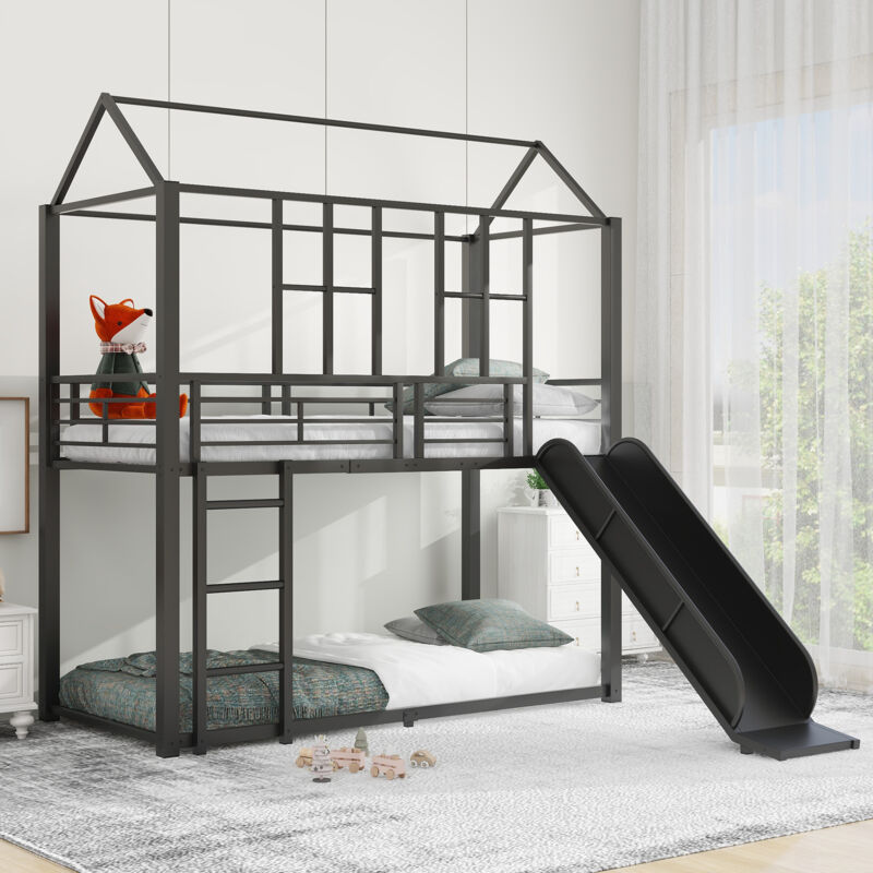 Lit superposé-Lit à cadre en fer 90200 cm, lit superposé, modélisation de maison, équipé de toboggan, sûr et durable, noir