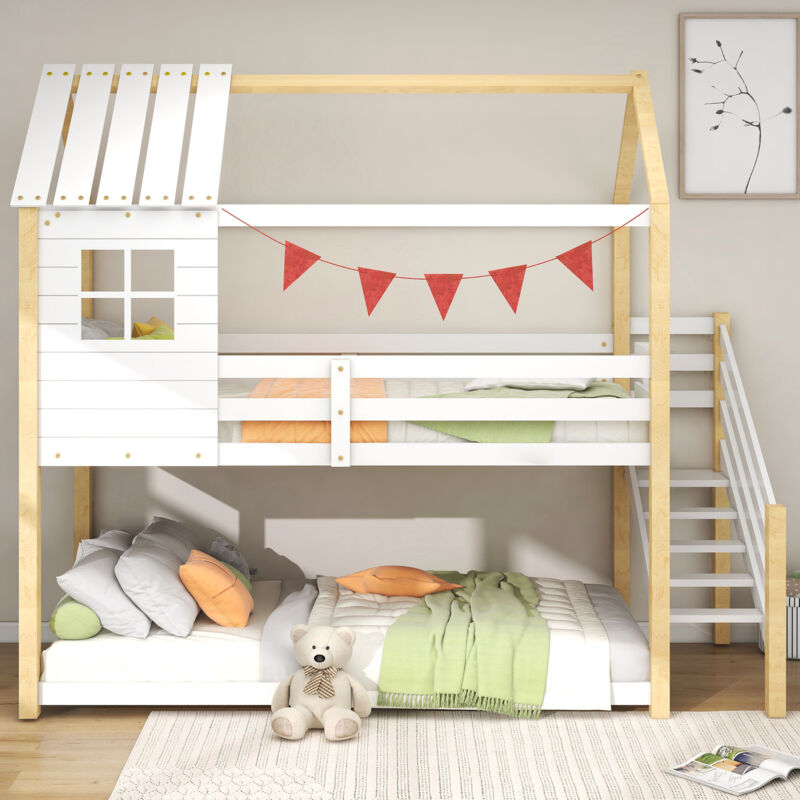 Lit Cabane Enfant Superposé 90x200 - Bois Massif, échelle à Angle Droit, Avec Garde-corps Anti-chute