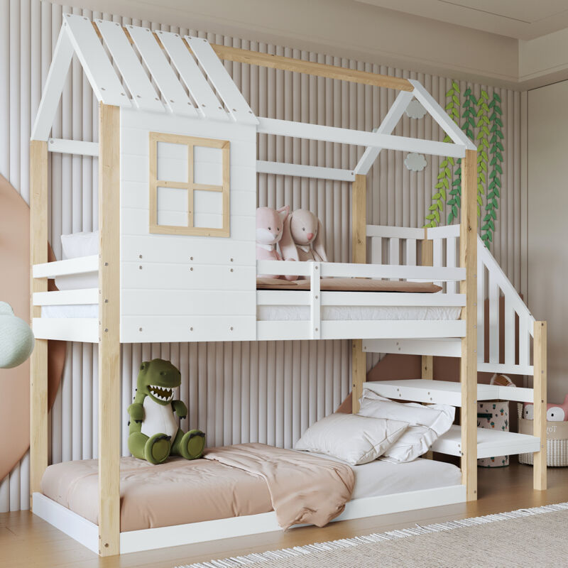 Okwish - Lit superposé 90x200 cm lit enfant cabane avec protection antichute, fenêtre et conception de toit unique, en pin+MDF, blanc+naturel