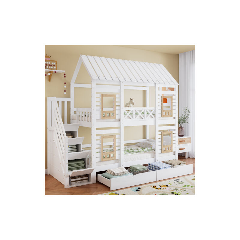 Lit superposé, lit bébé, antichute avec contrastes de couleurs, avec fenêtre, deux tiroirs sur roulettes, escalier avec 4 compartiments, pin + MDF,