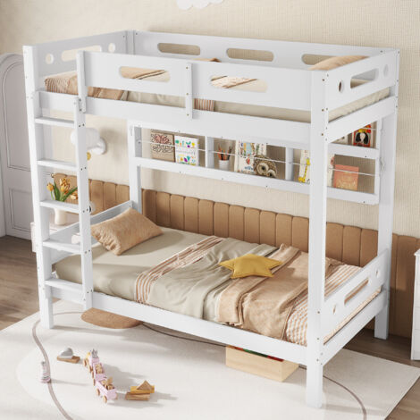Lit superposé, lit bébé avec barrière de sécurité, étagère ouverte, échelle à cinq marches, nombreux rangements, pin + MDF, blanc, 90 x 200 cm