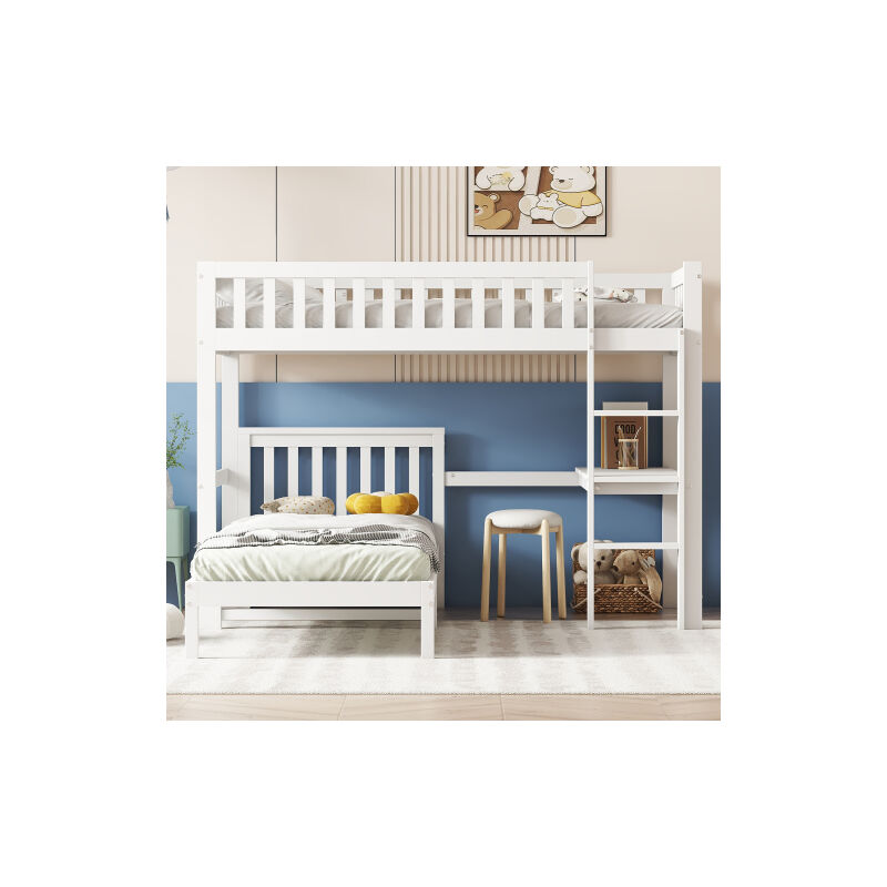 Lit superposé, lit bébé avec échelle à trois marches, cadre à lattes stable, conception de barrière de sécurité, cadre en pin,90x200cm