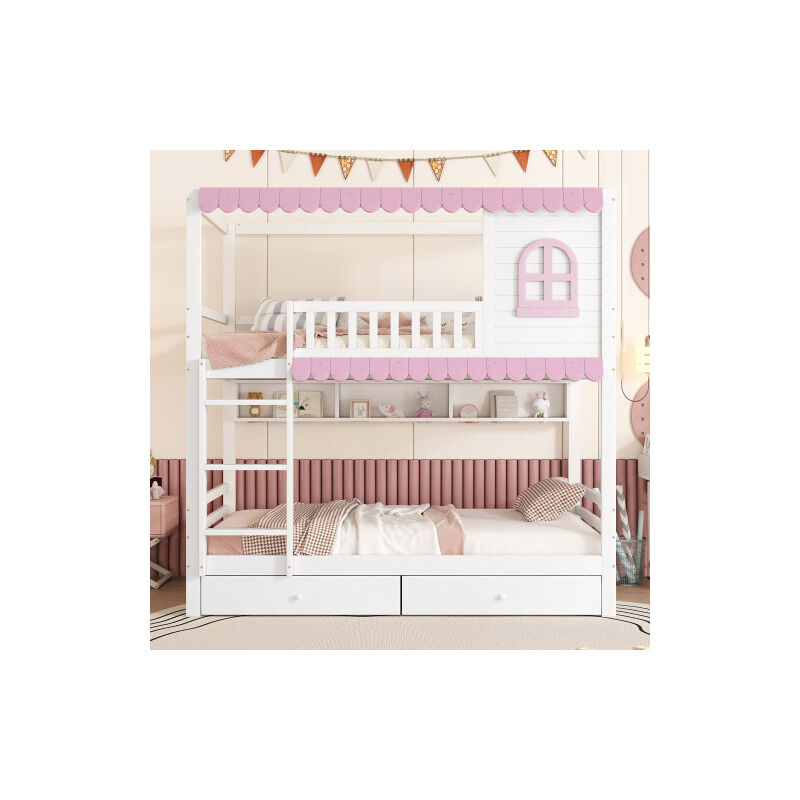 Lit superposé, lit bébé avec fenêtre, avec protection antichute, étagère ouverte, avant - toit rose, deux tiroirs sur roulettes, grand espace de