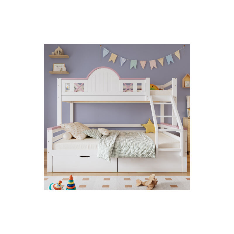 Lit superposé, lit bébé, grille antichute avec contraste de couleurs, deux tiroirs, avec fenêtre, avec glissière à quatre niveaux, forme de fenêtre