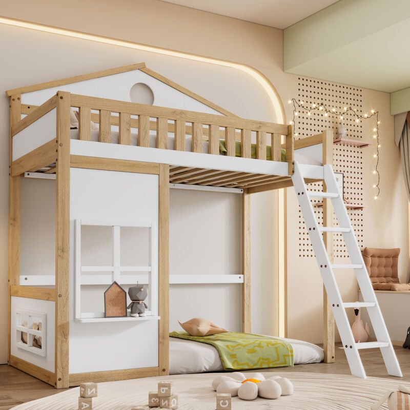 Okwish - Lit mezzanine 90x200 cm lit enfant cabane avec escalier, protection antichute, toit et fenêtre, en pin + mdf, blanc + naturel