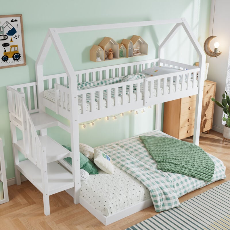 Okwish - Lit superposé 90x200/140x190 cm lit enfant avec escalier, protection antichute et barreaux, cadre en pin, blanc