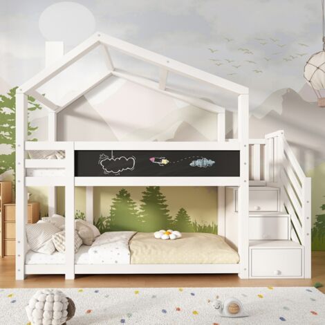 Lit Superposé-Lit Cabane-Bibliothèque-Tableau-Charnière Blanche-256x96x223(cm)-sans matelas