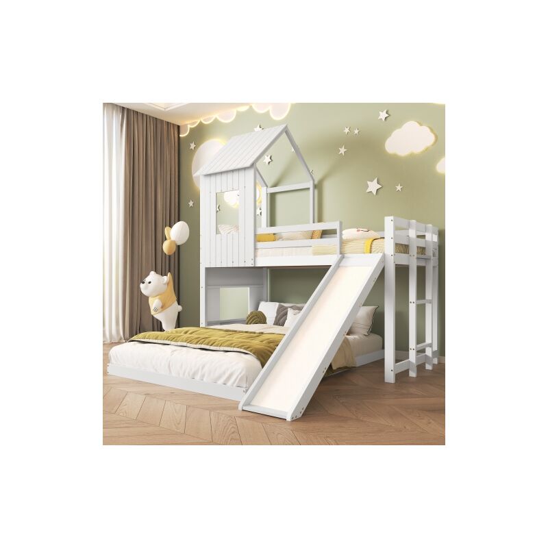 Lit superposé lit cabane enfant 90 x 200 cm et 140 x 200 cm avec toboggan, fenêtre et toit et échelle à trois marches, blanc