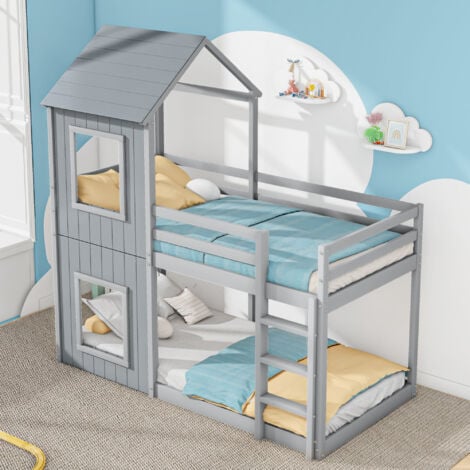 Lit superposé, lit cabane enfant 90x200 cm avec échelle et baldaquin, cadre de lit en bois de pin, gris
