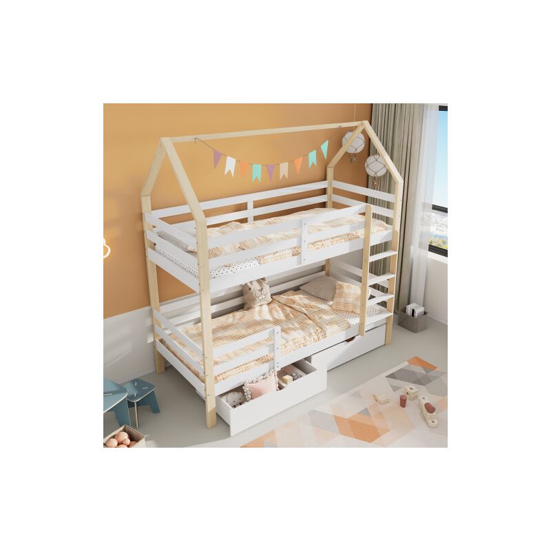 Lit superposé 90x200 cm avec sommier à lattes, lit cabane enfant avec 2 tiroirs, cadre en bois de pin, sans matelas, blanc et bois