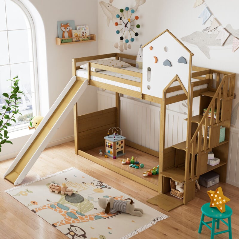 Okwish - Lit mezzanine 90x200 cm lit enfant cabane avec toboggan, 3 casiers dans l'escalier, en pin+MDF, blanc+naturel