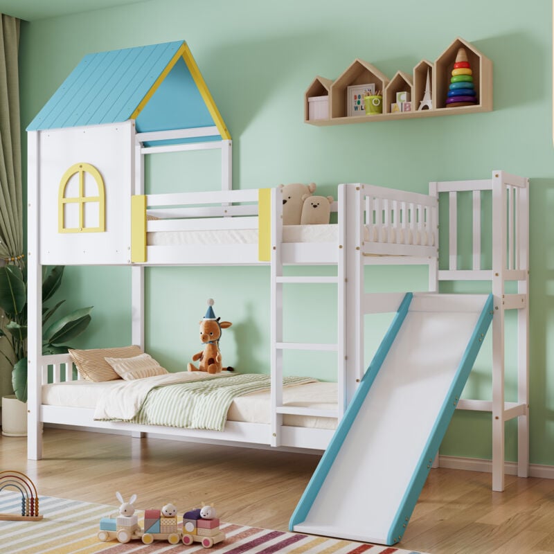 Okwish - Lit superposé 90x200 cm lit enfant cabane 2 places avec protection antichute, grille, échelle à trois marches et toboggan, en pin+MDF,