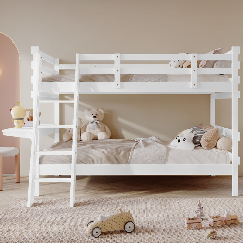 Lit superposé, lit d'enfant, avec échelle à quatre marches, sommiers à lattes robustes, conception de clôture de sécurité, avec bureau, cadre en pin,