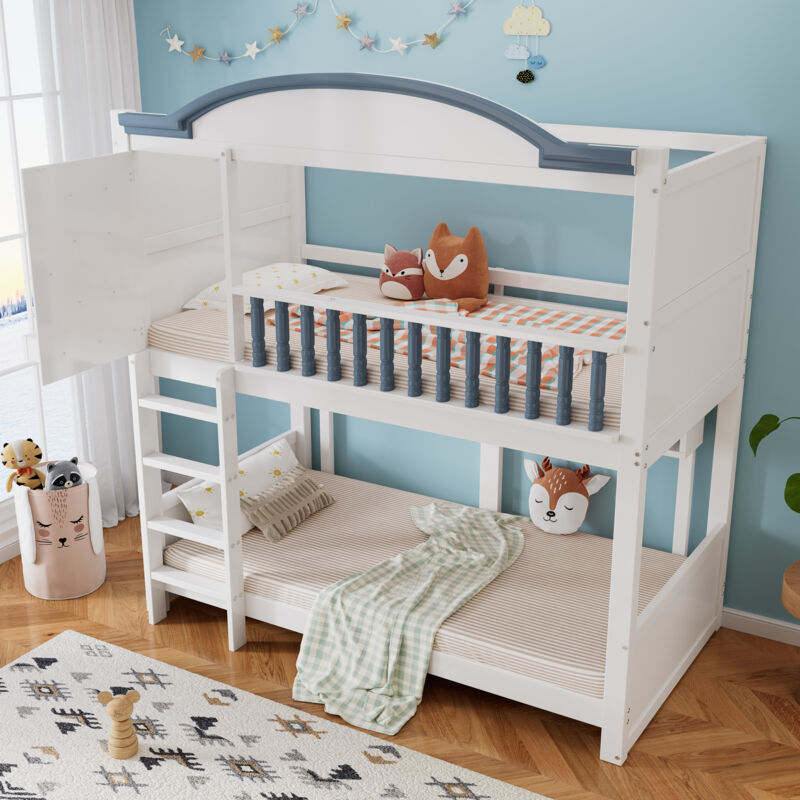 Okwish - Lit superposé 90x200 cm lit enfant lit cabane avec protection antichute et grille, étagère ouverte, clôture et échelle à quatre marches, en