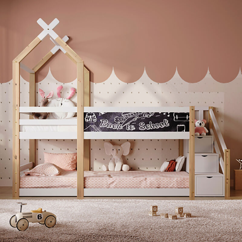 Lit superposé lit d'enfant avec rangement et protection contre les chutes Lit cabane 90 x 200 cm lit mezzanine - Blanc