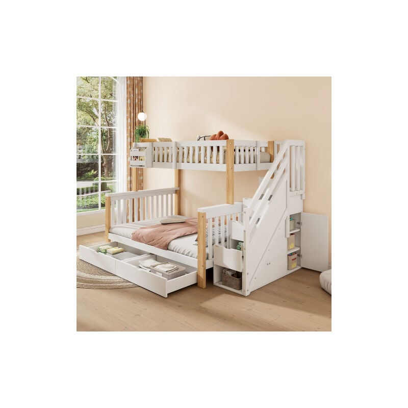 Okwish - Lit superposé 90x200 cm lit enfant 2 places avec panier de rangement, tiroir, armoire d'escalier et placard de rangement, en bois massif,