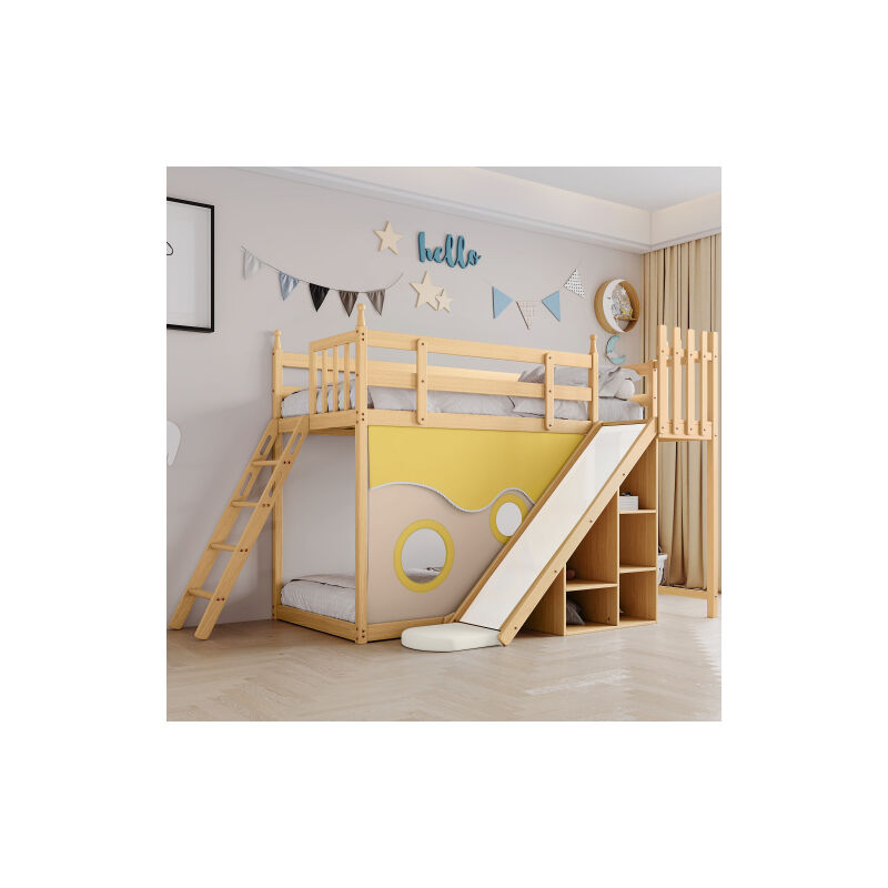 Liberté - Lit superposé, lit en bois avec escalier et rideau, toboggan et étagère, lit enfant avec protection antichute, cadre en pin, naturel