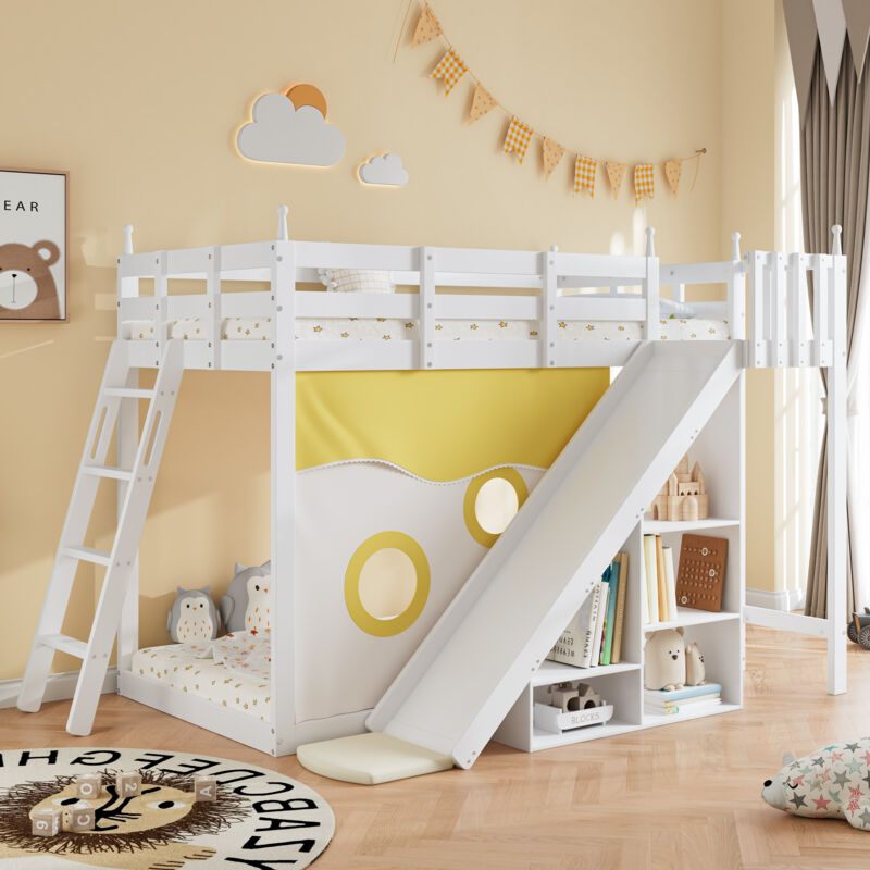 Redom - Lit superposé, lit en bois avec escaliers et clôtures, avec rideau de lit, toboggan et étagère, lit enfant avec protection antichute et