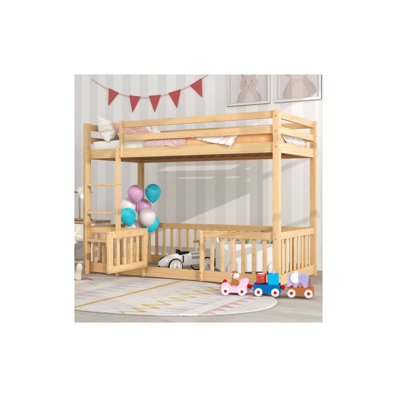 Lit superposé, lit enfant, 200x90cm, avec escalier à angle droit, barrières et portes, protection antichute, bois, naturel