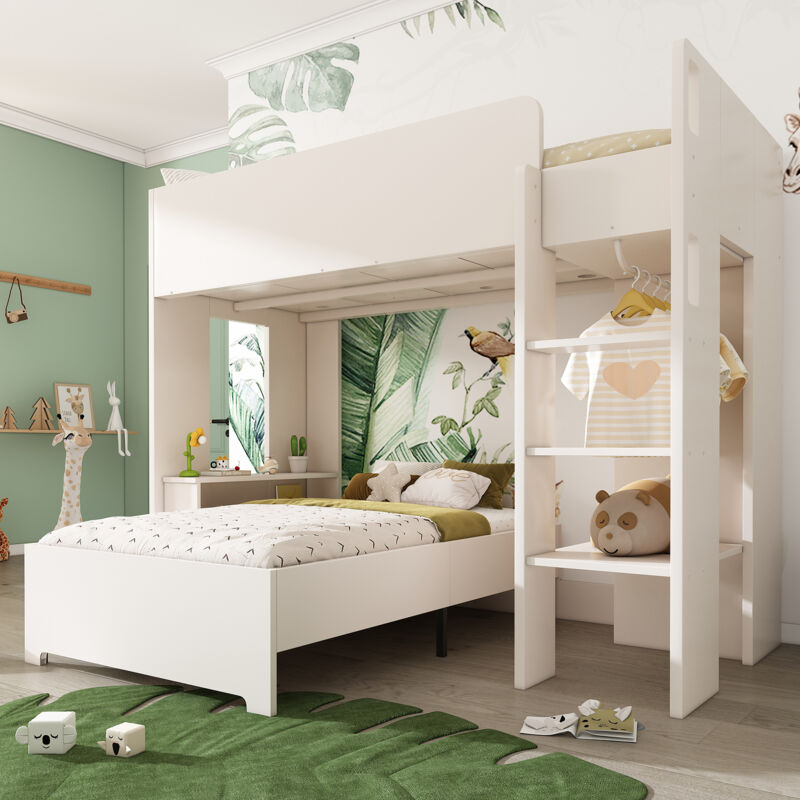 Okwish - Lit superposé 90 x 200 cm lit enfant avec cadre de lit, armoire, bureau, étagères et escalier, blanc