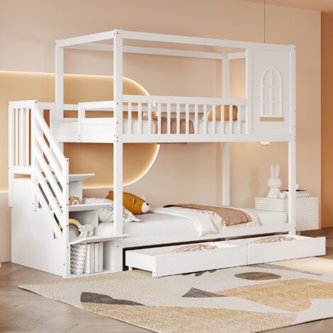Lit superposé, lit enfant 90200 cm, lit double en bois massif, avec fenêtres, clôture de sécurité, tiroirs de rangement et échelle de sécurité, blanc