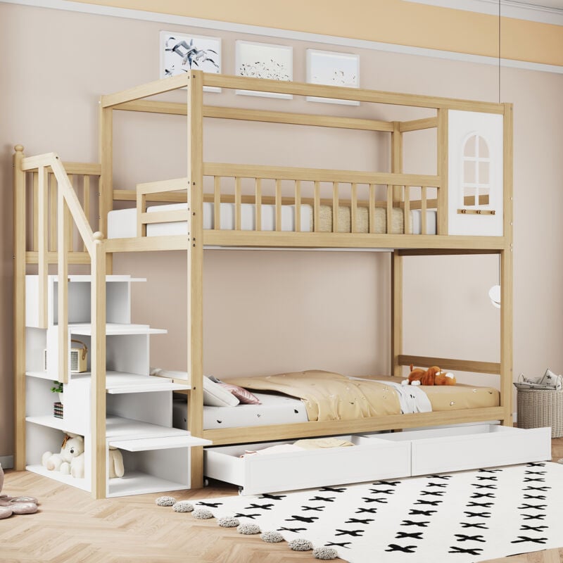 Redom - Lit superposé lit enfant 90200cm, lit double en bois massif, forme maison avec fenêtres, conception barrière de sécurité, avec tiroirs de
