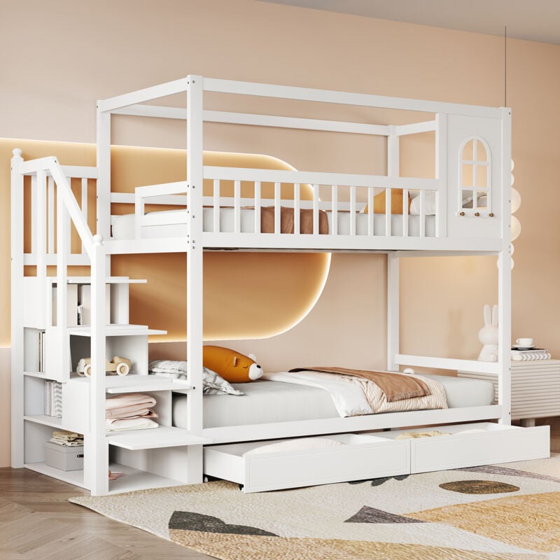 Redom - Lit superposé lit enfant 90200 cm, lit double en bois massif, forme de maison avec fenêtres, conception de clôture de sécurité, avec tiroirs