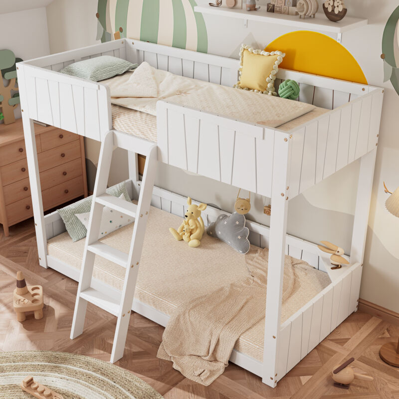 Lit superposé 90x200 cm lit enfant avec échelle à trois marches, étagère ouverte et clôture de sécurité, en pin, blanc