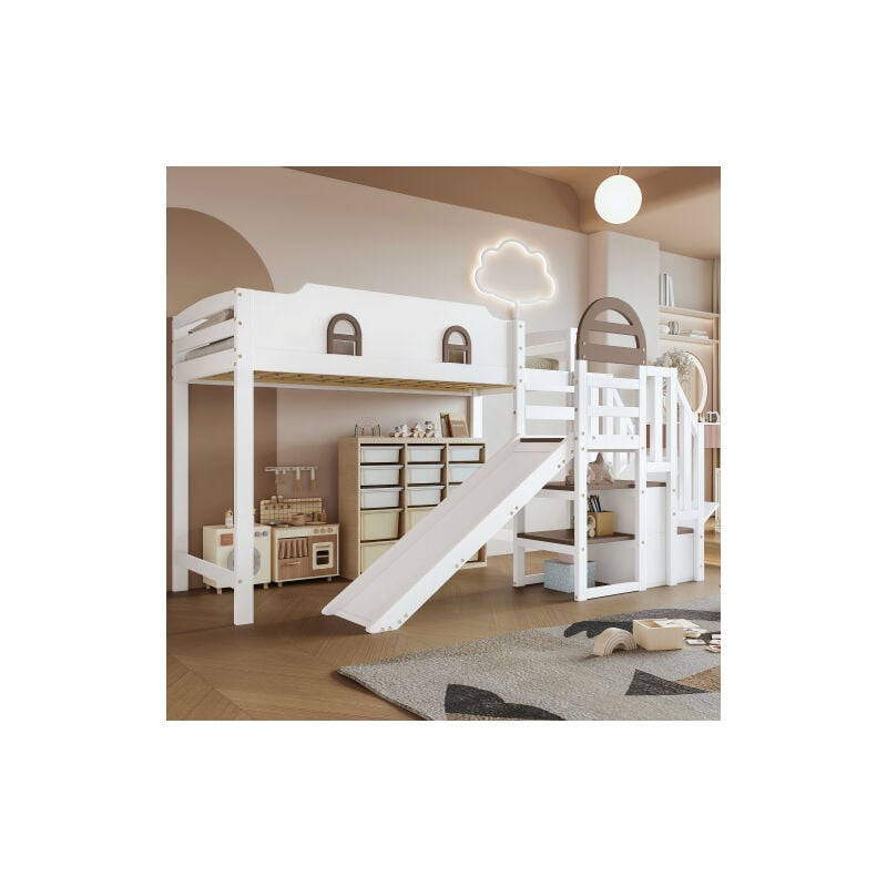 Okwish - Lit superposé, lit enfant avec fenêtre, avec toboggan enfant, escalier avec rampe, avec 2 casiers dans l'escalier, design polyvalent, grand