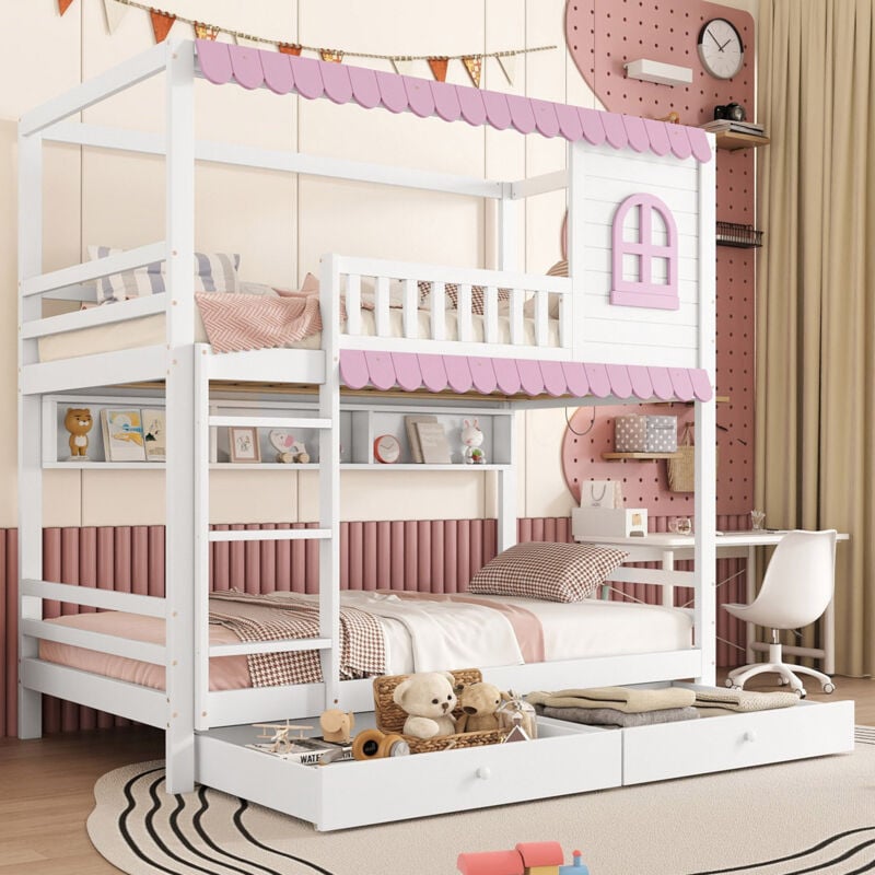Okwish - Lit superposé, lit enfant avec fenêtres, avec grille antichute, étagère ouverte, avant-toit rose, deux tiroirs à roulettes, nombreux