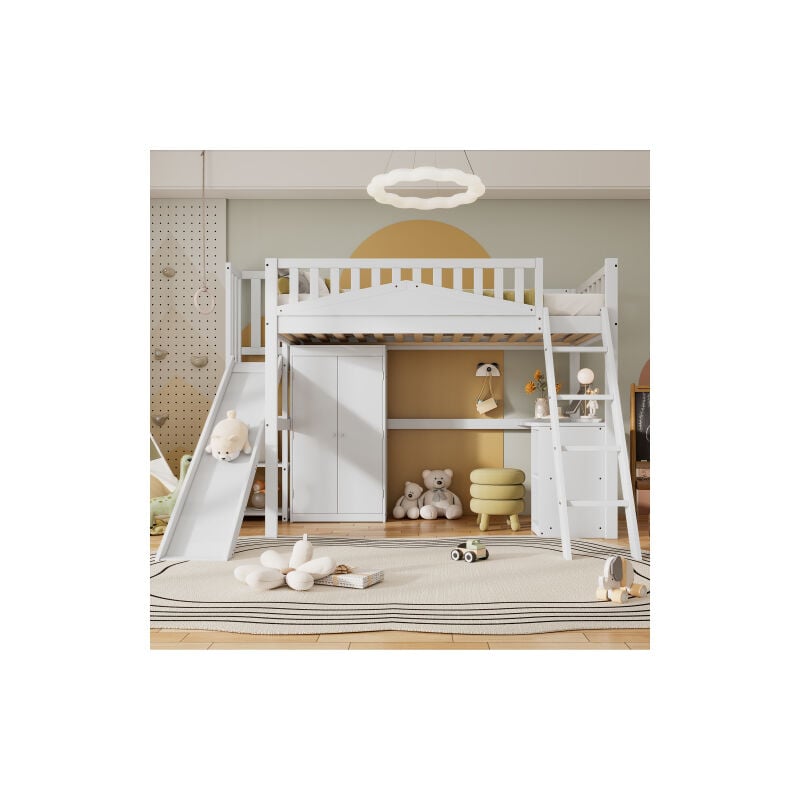 Okwish - Lit mezzanine 90x200 cm lit enfant avec grille antichute, échelle, table et armoire, en pin, blanc